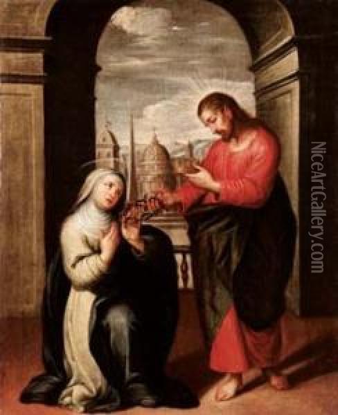 Cristo Consegna La Corona Di Spine A Santa Caterina Da Siena Oil Painting - Francesco Vanni