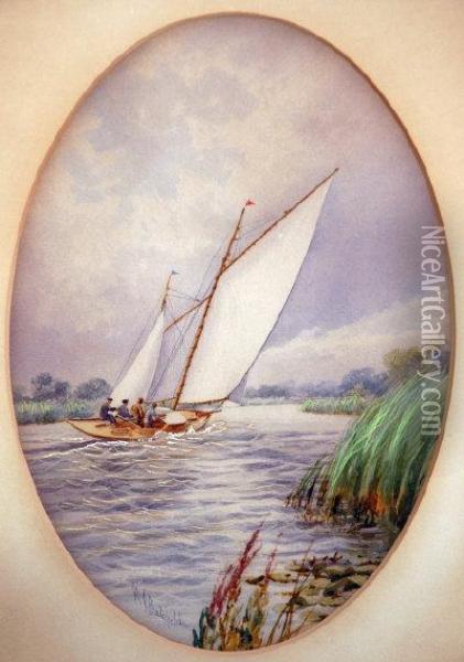 Sailing Boat On The Norfolk Broads. Oil Painting - Stephen John Batchelder
