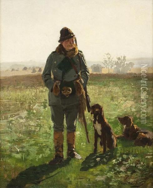 Jagersmann Mit Seinenbeiden Hunden Auf Freiem Feld Oil Painting - Hugo Muhlig