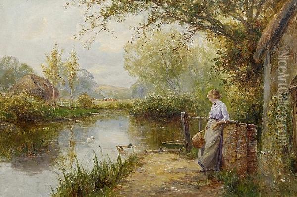 At The Duck Pond Oil Painting - Ernst Walbourn