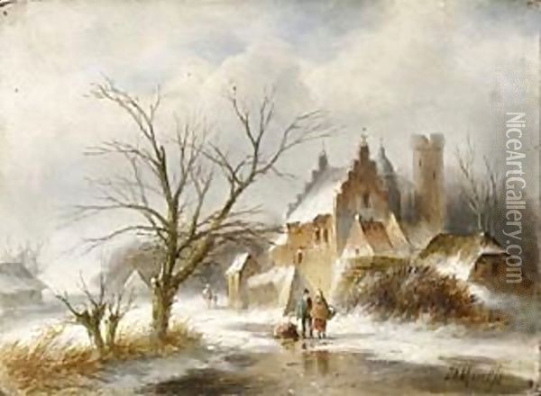 A Winter Landscape With Figures On A Frozen Waterway Oil Painting - Jan Evert Morel