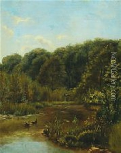 Riverscenery With Swimming And Flying Ducks Oil Painting - Carl Frederik Peder Aagaard