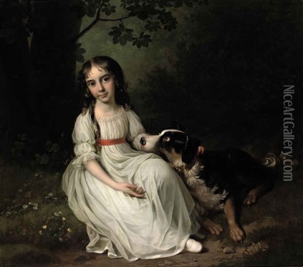 Portrait Of Frederikke Maria Sophia Brockdorff In A White Dress, In A Park Landscape With Her Dog Beside Her Oil Painting - Jens Juel