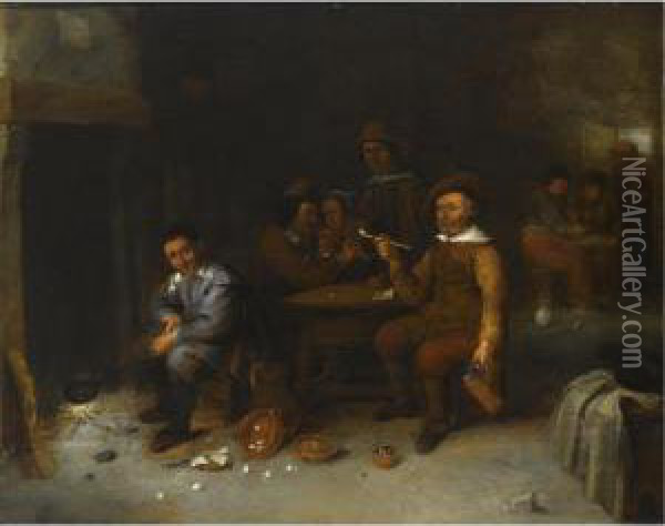 Figures In An Inn, One Smoking, 
Another Playing The Flute For A Woman, Another Figure Warming A Pan 
Above A Fire In The Fireplace Oil Painting - Gillis van Tilborgh