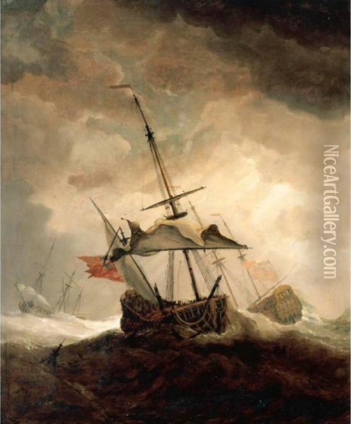 A Small English Ship Dismasted In A Gale, Two Further Ships Beyond Oil Painting - Willem van de, the Elder Velde
