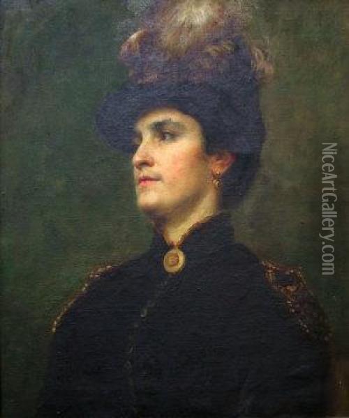 Portrait Of An Elegant Lady In A Plumed Hat And Darkcoat Oil Painting - Thomas Jones