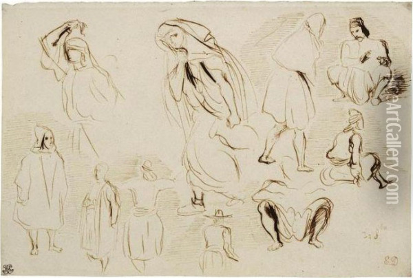 A Sheet Of Studies Of Arabs, Seated And Standing Oil Painting - Eugene Delacroix