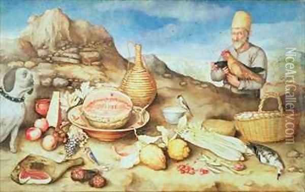 Still Life with Peasant and Hens Oil Painting - Giovanna Garzoni