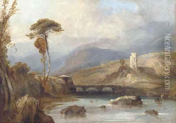 Figures on a bridge, with ruins beyond Oil Painting - Anthony Vandyke Copley Fielding