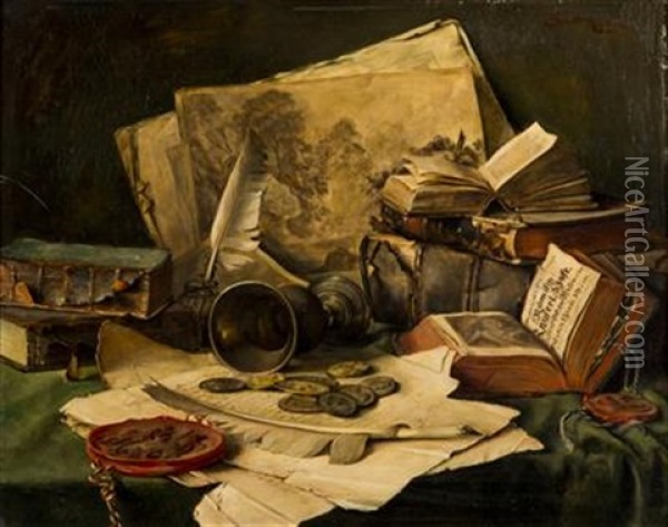 Still Life With Books Oil Painting - Caroline Therese Friedrich