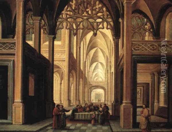 The Holy Circumcision With The Sainte Gudule Church, Brussels Oil Painting - Dirck Van Delen