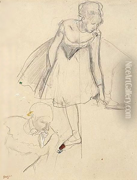 Danseuse Rajustant Son Chausson, Buste De Pierrette Oil Painting - Edgar Degas