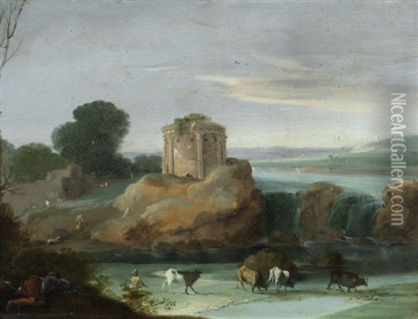 An Italianate Landscape With A Round, Blind Colonnade Temple, Drovers With Their Cattle By Cascades; And A Coastal Capriccio With A Ruined Tower (2) Oil Painting - Bartholomeus Breenbergh