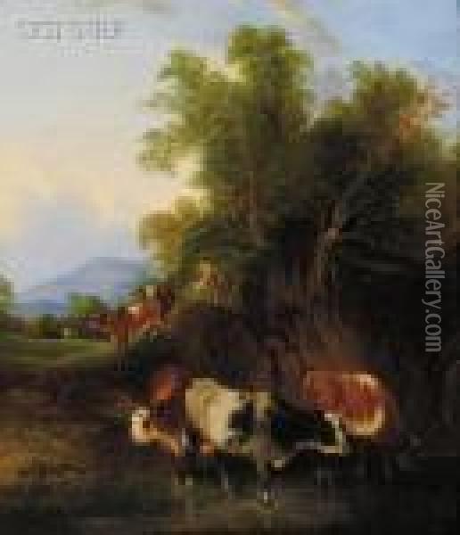 Cattle And Drovers Heading To A Stream Oil Painting - Snr William Shayer