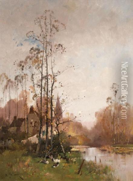 Herbstliche Flusslandschaft Mit Dorf Oil Painting - Eugene Galien-Laloue