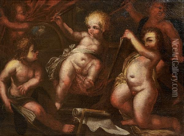 Putti Holding The Symbols Of The Liberal Arts Oil Painting - Stefano Magnasco