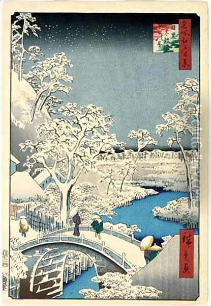 Meguro Taiko Bashi Yuhi Ga Oka. Le Pont De Taiko Sous La Neige, Colline Au Crepuscule Oil Painting - Utagawa or Ando Hiroshige