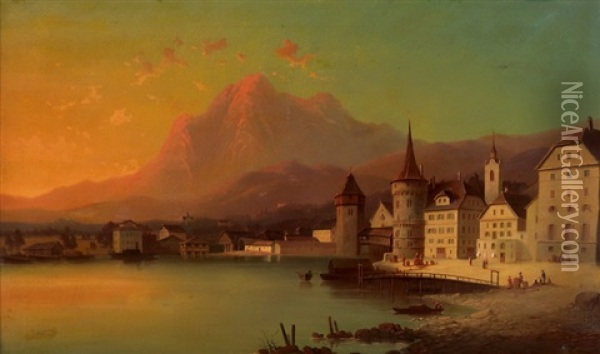 Ansicht Von Luzern Mit Hotel Schwanen Und Kapellbrucke Oil Painting - Josef Karl Berthold Puettner