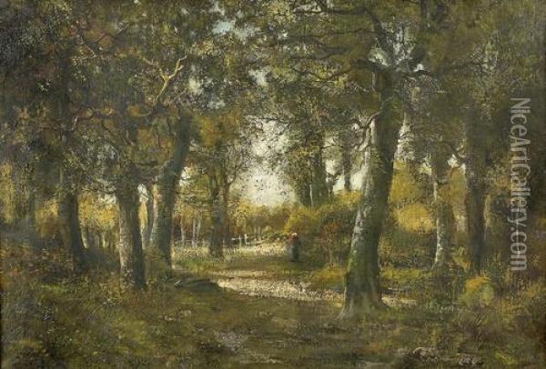 Waldlandschaft Bei Fontainebleau Mit Reisigsammlerin. Oil Painting - Camille Magnus