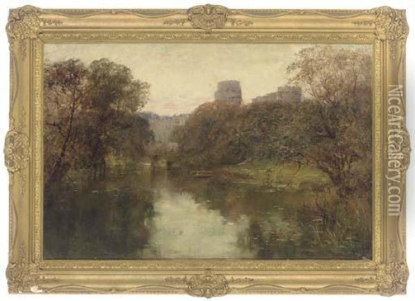 A Rowing Boat On The River Avon, Warwick Castle Beyond Oil Painting - Henry John Yeend King