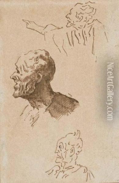 Etude De Trois Tetes D'homme, L'un Montrant Du Doigt Oil Painting - Honore Daumier