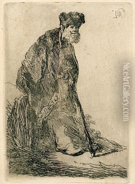 Man In A Coat And Fur Cap Leaning Against A Bank Oil Painting - Rembrandt Van Rijn