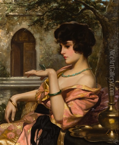 Ottoman Beauty With A Butterfly Oil Painting - Harold H. Piffard