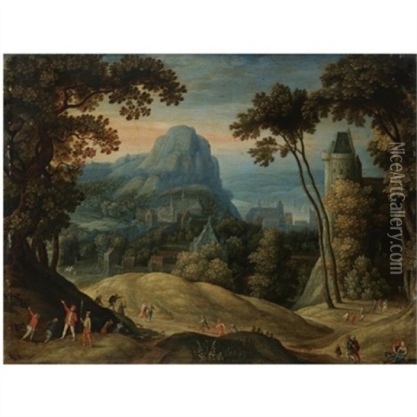 An Extensive Hilly Landscape With A Town In A Valley And A Castle In The Midground Oil Painting - Marten Ryckaert