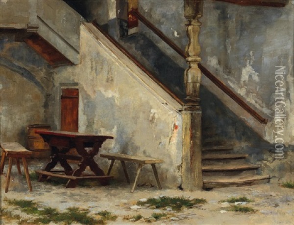 House Entrance With Stairs Oil Painting - Franz Von Defregger