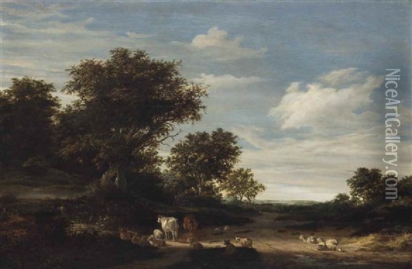 A Wooded Landscape With Sheep And Cattle Oil Painting - Jacob van Ruysdael