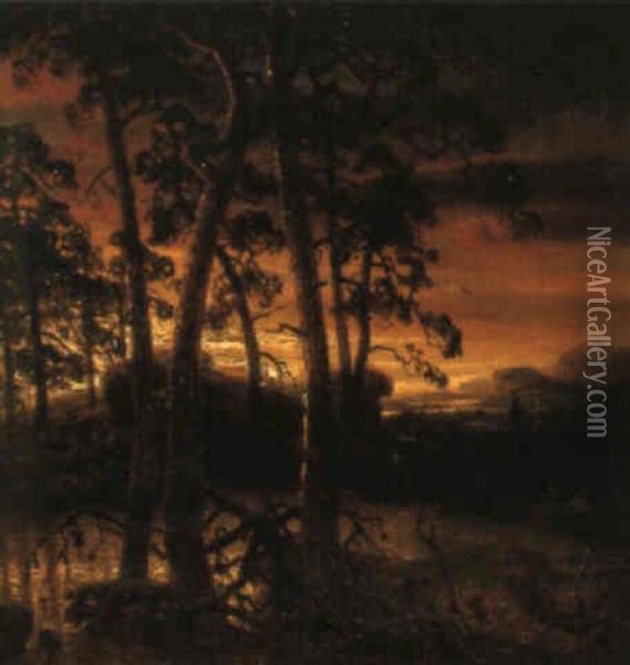 Solnedgang Over Berg Och Sjo Oil Painting - Marcus Larsson