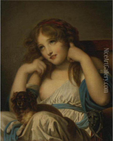 A Young Girl With A Dog On Her Lap Oil Painting - Jean Baptiste Greuze