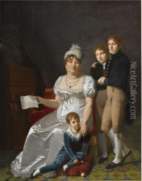Portrait Of Madame B., Nee 
Etiennette Delagrange, Full Length,seated, Wearing A White Dress And 
Hat, Holding A Letter, With Herthree Sons Oil Painting - Jacques Antoine Vallin