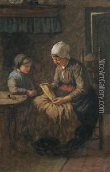 A Lesson For The Little Seamstress Oil Painting - David Adolf Constant Artz