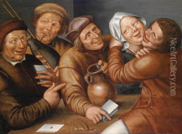 A Merry-making Party With A Couple Kissing Oil Painting - Jan Massys