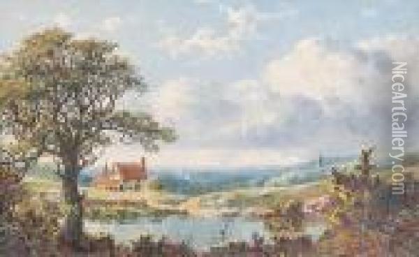 Rustic Cottage; Swans On A River Oil Painting - Edmund John Niemann, Snr.