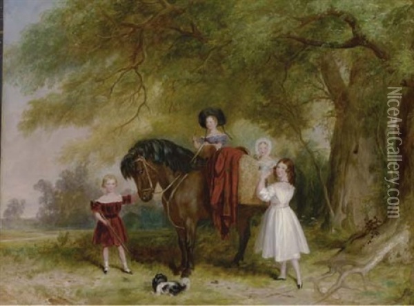 Children Riding A Pony Oil Painting - Alfred Edward Chalon