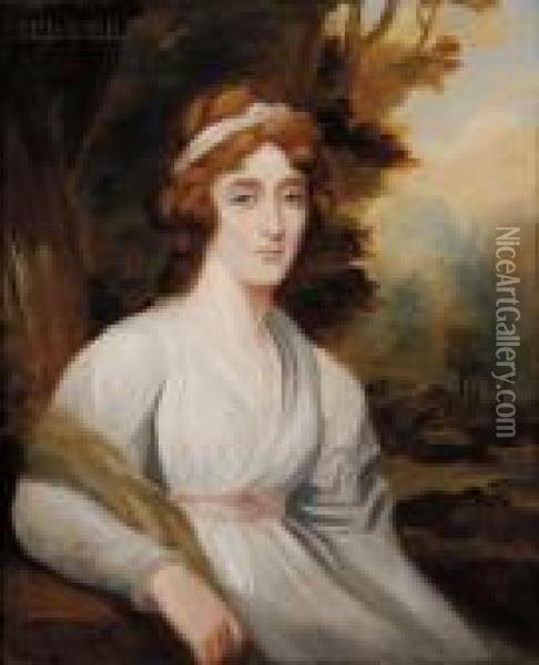 Portrait Of A Lady In White Seated In A Landscape Oil Painting - Sir Henry Raeburn