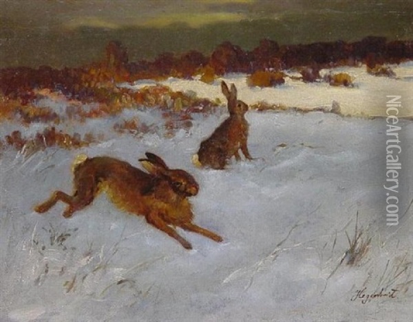 Zwei Hasen Auf Einer Verschneiten Heide Oil Painting - Emanuel Hegenbarth