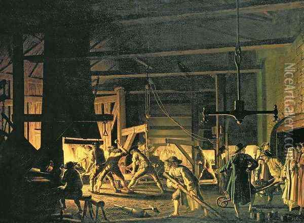 In the Anchor Forge at Soderfors The Smiths Hard at Work Oil Painting - Pehr Hillestrom