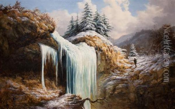 Winter Landscape - Frozen Falls Oil Painting - William Charles Bell