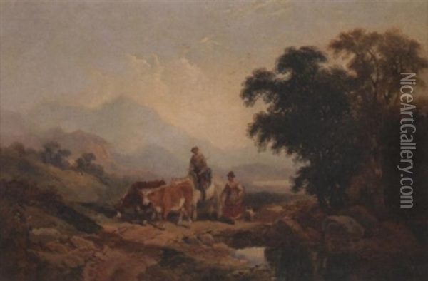 Cows And Farmers In A Landscape Oil Painting - George William Horlor
