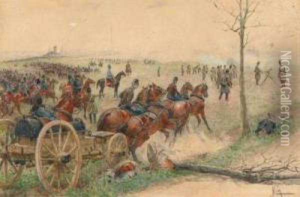 Archduke Albrecht At The Battle Of Navarre1866 Oil Painting - Felician Von Myrbach-Reinfeld