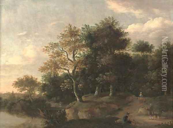 A wooded river landscape with figures on a track Oil Painting - Roelof van Vries