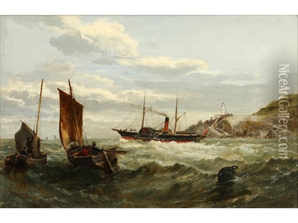 Steam Boat And Other Shipping Off A Rocky Coast; And Companion Oil Painting - Samuel W. Calvert