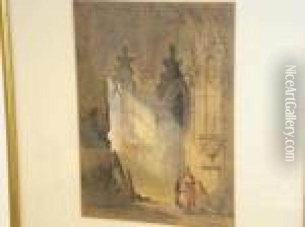 Figures In A Cathedral Interior Oil Painting - Thomas Miles Richardson