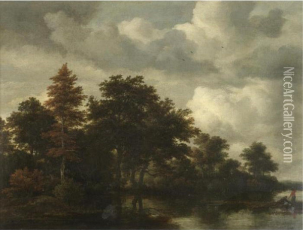 A Wooded Landscape With Figures By A River Oil Painting - Jacob Van Ruisdael