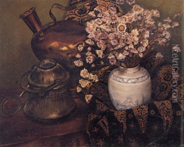 Bouquet De Fleurs Seches Sur Un Chale Oriental Oil Painting - Norbert Goeneutte