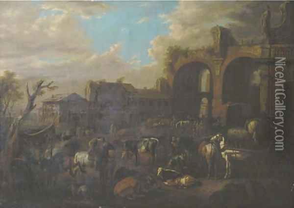 Travellers on horseback by a blacksmith with peasants and their cattle near the ruin of the Basilica of Constantine and the San Francesco Romana Oil Painting - Pieter van Bloemen