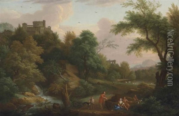 An Italianate Wooded Landscape With Figures Conversing By A Waterfall, A Castle Beyond Oil Painting - Gaspard Dughet
